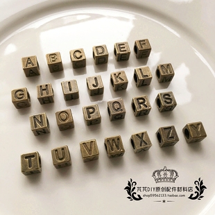 方形古青铜色穿孔字母大英文孔珠手链珠diy复古饰品配件潘拉古风