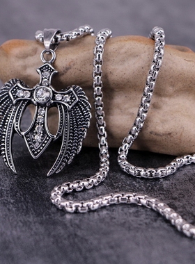 欧美翅膀项链潮男钛钢吊坠发型师