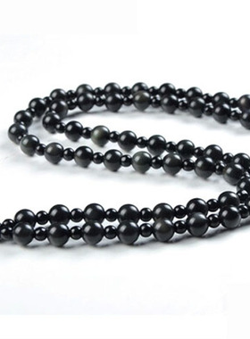 天然黑玛瑙珠链挂绳黄金貔貅项链