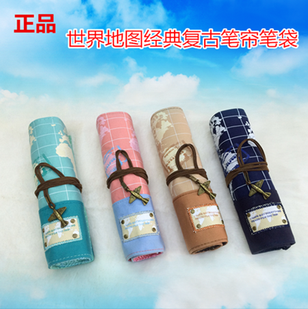 包邮 韩国文具世界地图卷笔帘笔袋 铅笔袋文具盒复古怀旧简约笔袋