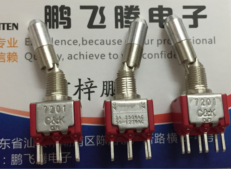 原装进口美国C&k 7201钮子开关6脚2档 带锁防碰撞摇臂摇头开关 带保险型 拉杆型(带锁,需要向上拉一下,才能拨动,锁定型防碰撞)ON-ON 2A 250VAC 5A 120VAC 7201K12CQE 配套螺母 孔径6mm 电信 仪表 医疗设备典型应用.有详细资料尺寸图