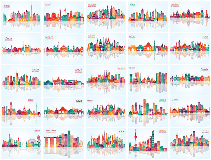 矢量设计素材 世界著名城市水彩建筑地标天际线北京上海香港 25p