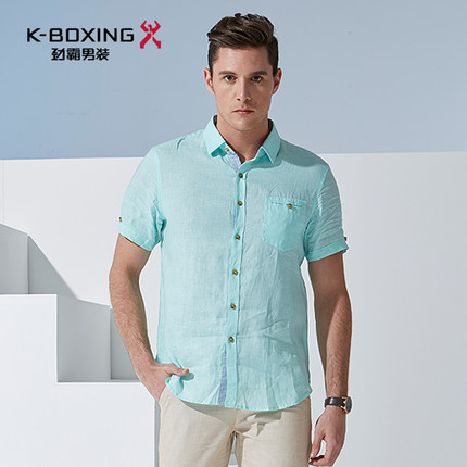 劲霸 亚麻衬衫男短袖 夏季印花翻领绅士衬衣 休闲百搭商务衬衣
