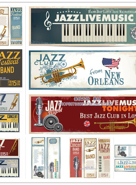 A3614矢量欧美音乐爵士乐插画banner键盘麦克风插画 AI设计素材