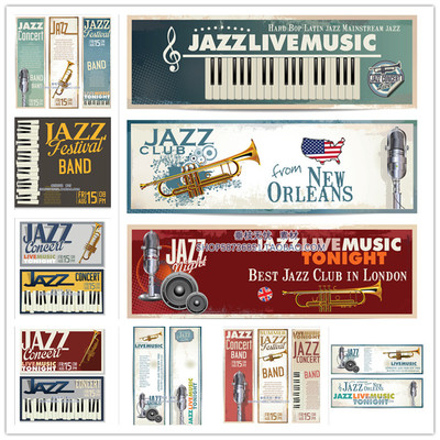 A3614矢量欧美音乐爵士乐插画banner键盘麦克风插画 AI设计素材