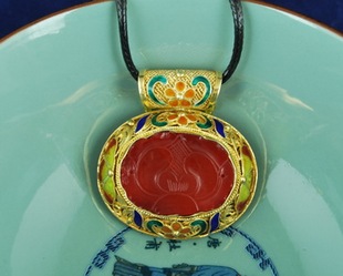 老北京传统手艺品 银花丝镀金镶嵌红玛瑙花片吊坠