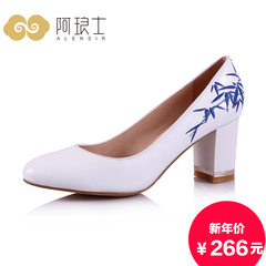 Alang's 2015 national wind in autumn shoes coarse with blue and white high heel shoes women 210