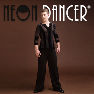 NEON DANCER 男士拉丁舞练功服 比赛服 新款网纱拼进口丝绒上衣