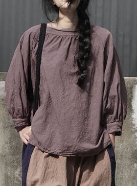 山千念壹 春款宽松套头短款七分袖复古文艺灯笼袖T恤棉麻女装