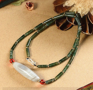 藏传佛眼白冰糖色玛瑙勒子 项链 水草玛瑙链