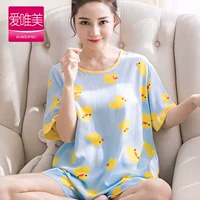 Bộ đồ ngủ nữ mùa hè tay ngắn bằng lụa cotton hai mảnh phù hợp với phiên bản Hàn Quốc của bộ đồ cotton mỏng dễ thương phục vụ gia đình sinh viên tươi cỡ lớn nữ - Bộ Pajama thời trang công sở
