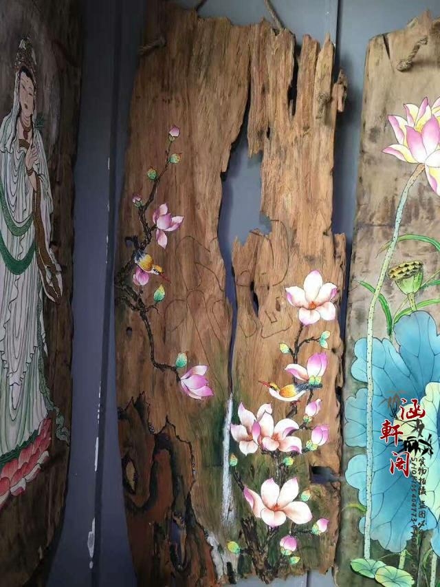 风化木板画老樟木禅意挂画老木头手绘漆画茶楼客厅装饰画花鸟图