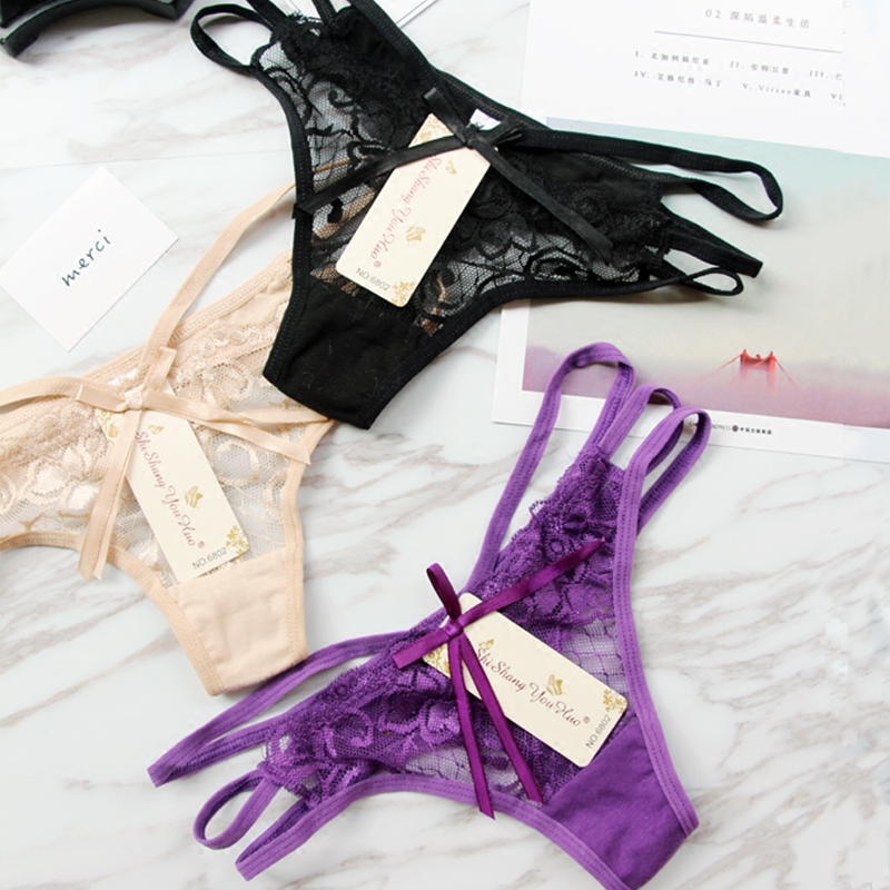 新款黑色性感细带内裤透明无痕低腰透气透明蕾丝棉女士t字三角裤