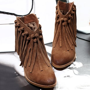 秋冬磨砂皮中跟流苏靴圆头粗跟马丁靴及踝靴潮女短靴流苏英伦裸靴