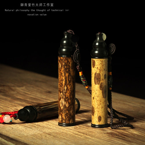 天然竹制纯手工雕刻香囊黑檀木镶嵌 牙签筒 香筒 香粉瓶 竹签筒 - 封面