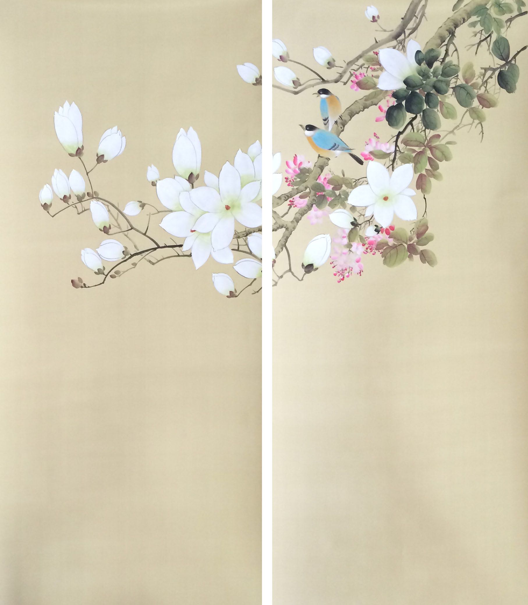 真丝绢新款书房婚房手绘丝绸写意花鸟玉兰花新中式新古典客厅背景