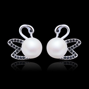 淘宝微商爆款时尚潮流韩版黑色天鹅满钻耳钉个性珍珠耳环耳环女