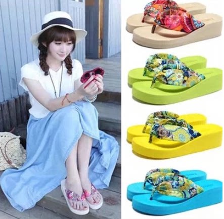 夹拖绸缎坡跟厚底防滑沙滩鞋