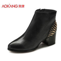 Aokang shoes fall/winter new style leather side zipper Western tip of rough with short tube rivet women's short boots