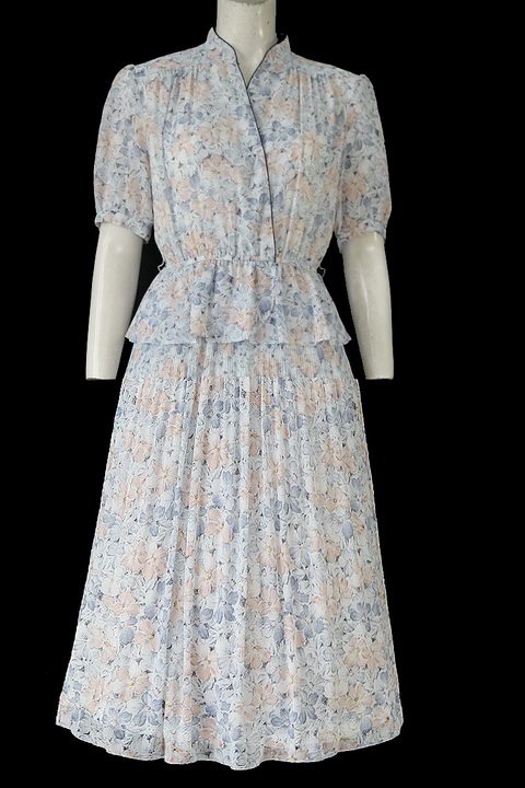 日本制复古着原单优雅唯美碎花柄森系粉蓝收腰雪纺连衣裙连身裙06