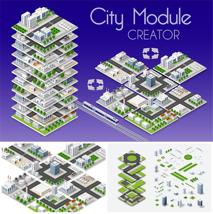 [538]AI矢量设计素材扁平化轴测图Isometric城市建筑工厂大楼创建