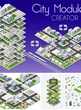 [538]AI矢量设计素材扁平化轴测图Isometric城市建筑工厂大楼创建