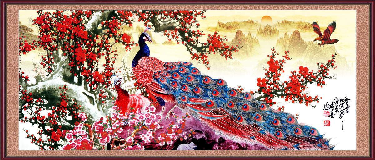 747海报印制展板写真喷绘296国画梅花腊梅孔雀大堂中堂壁画装饰画