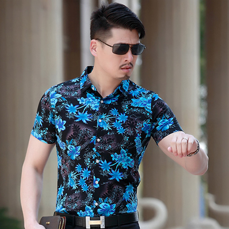 尊信国际复古花卉蓝色短袖丝光棉衬衫商务男花卉黄色双丝光棉衬衣