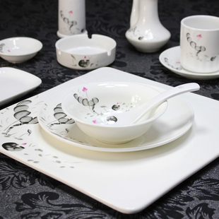 酒店餐厅饭店豪华包厢餐桌摆台用品国画陶瓷餐具套装-水墨俏粉荷