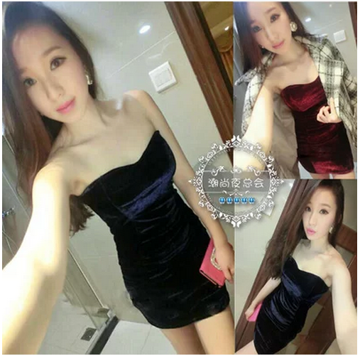6672名媛气质金丝绒夜店女装修身性感包臀抹胸连衣裙礼服打底裙子