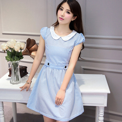 绿羊车2016夏装新款韩版女装中长款修身显瘦娃娃领连衣裙打底裙潮