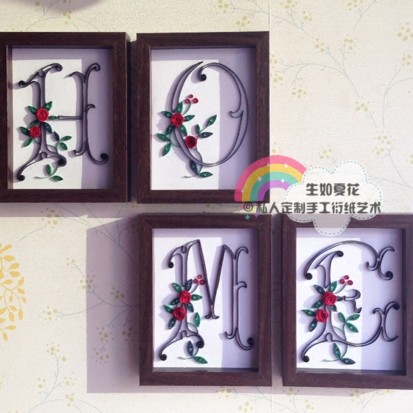 生如夏花创意新年春天礼物相框手工diy衍纸画字母姓氏线稿图