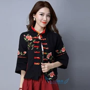 Phong cách dân tộc nữ mùa thu thêu cổ áo mỏng ngắn tay áo bảy điểm nhỏ bên ngoài 2019 cotton và áo sơ mi vải lanh - Áo khoác ngắn