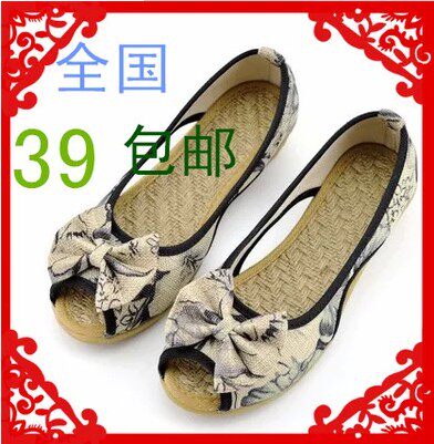 老北京亚麻布鞋女单鞋春季绣花鞋鱼嘴牛筋凉鞋底妈妈休闲孕妇鞋