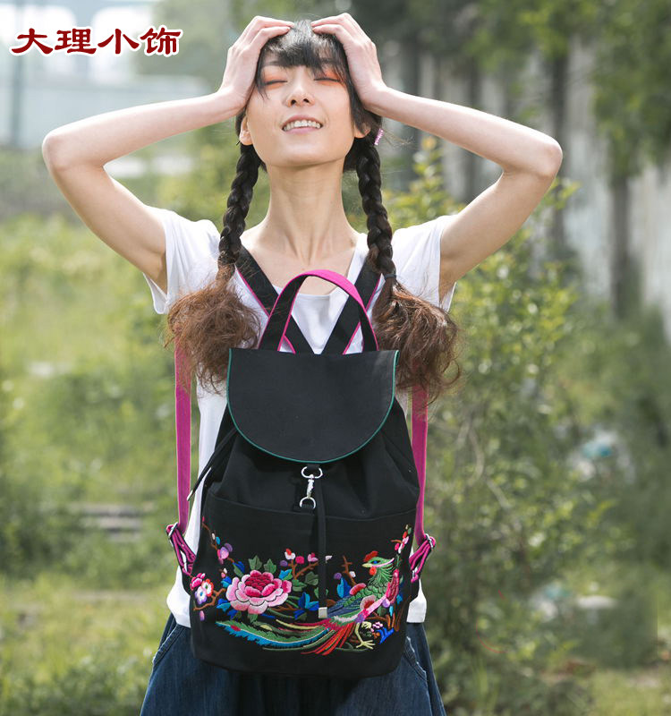 复古女绣花包新款旅行黑色 韩版帆布双肩包袋中国风背包凤凰女包