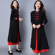 2018民族风棉麻春秋女装新款绣花中式盘扣长袖双层中长款连衣裙