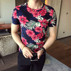 薄短袖个性社会男装 印花t恤衫男潮款大花纹半袖啼血紧身主流体恤