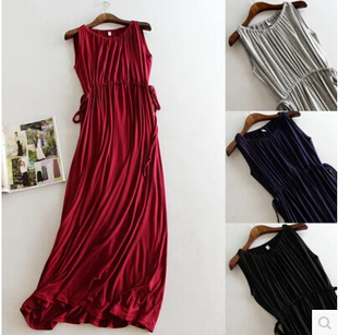 包邮春夏新款V领抽绳宽松孕妇裙大码连衣裙弹力莫代尔收腰长裙女