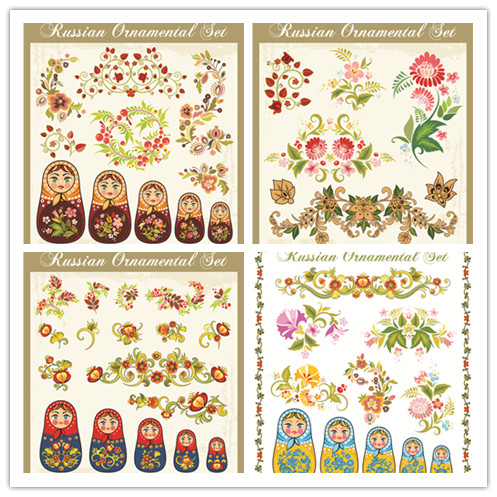矢量设计素材 俄罗斯风格手绘花卉纹饰套娃图案 EPS格式源文件