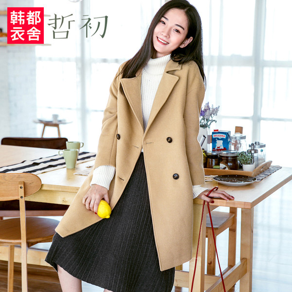 韩都衣舍旗下 哲初 中长款双排扣 女士羊毛呢大衣外套 优惠券折后￥189包邮(￥339-150)