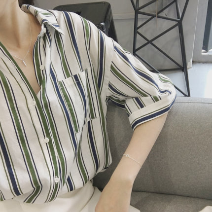 2016秋新款韩版Polo领条纹半袖衬衫上衣学院风百搭棉麻衬衣上衣女