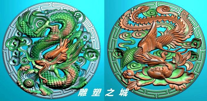 精雕图 灰度图 浮雕图 电脑雕刻图 圆龙凤圆牌