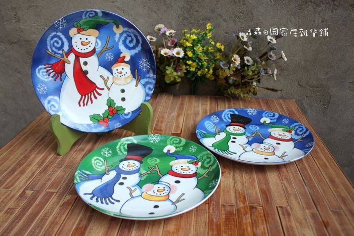 外贸出口美式乡村特色圣诞雪人一家三口情侣家居装饰陶瓷挂盘坐盘