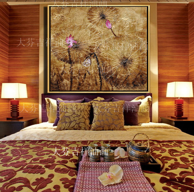 纯手工油画东南亚风格奢华有框贴金箔荷花装饰画墙饰抽象挂画荷花,家居饰品,油画,淘宝优惠券,粉丝福利购,淘宝优惠卷