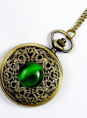 大号古铜色绿色猫眼怀表 古典宫廷风格雕花镂空翻盖怀表8063