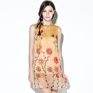 夏季新款宽松橘色花朵连衣裙唐装A字形旗袍裙