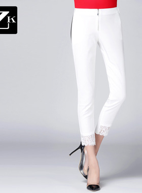 zk lin2025春季新款休闲裤九分裤显瘦白色铅笔裤女裤子蕾丝拼接修