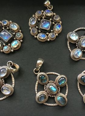 尼泊尔拉长石925银花团锦簇吊坠