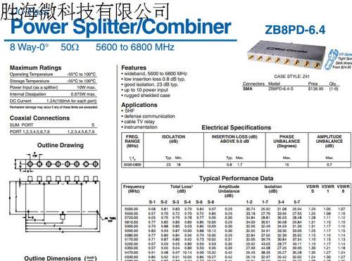 5600- 6800MHz 一分八功分器 代替ZB8PD-6.4 Mini-Circuits Mini-Circuits官网PDF资料 http://www.minicircuits.com/pdfs/ZB8PD-6.4.pdf