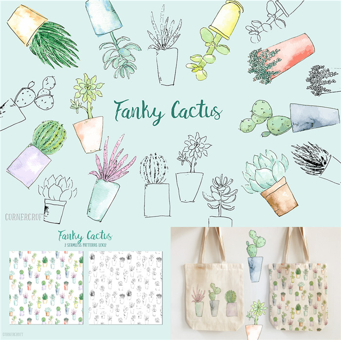 A1950矢量可爱水彩仙人掌插画手绘线稿LOGO纹理 AI设计素材含PNG